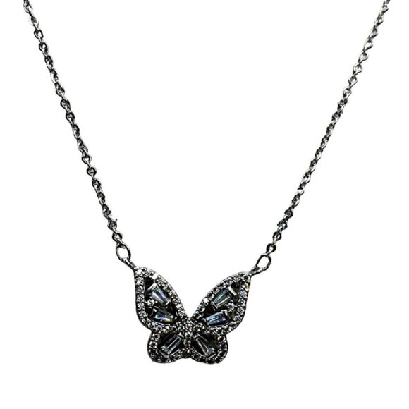 Elegant Butterfly Pendant Necklace With Rhinestones On Silver Tone Chain.  B62 - Picture 3 of 9